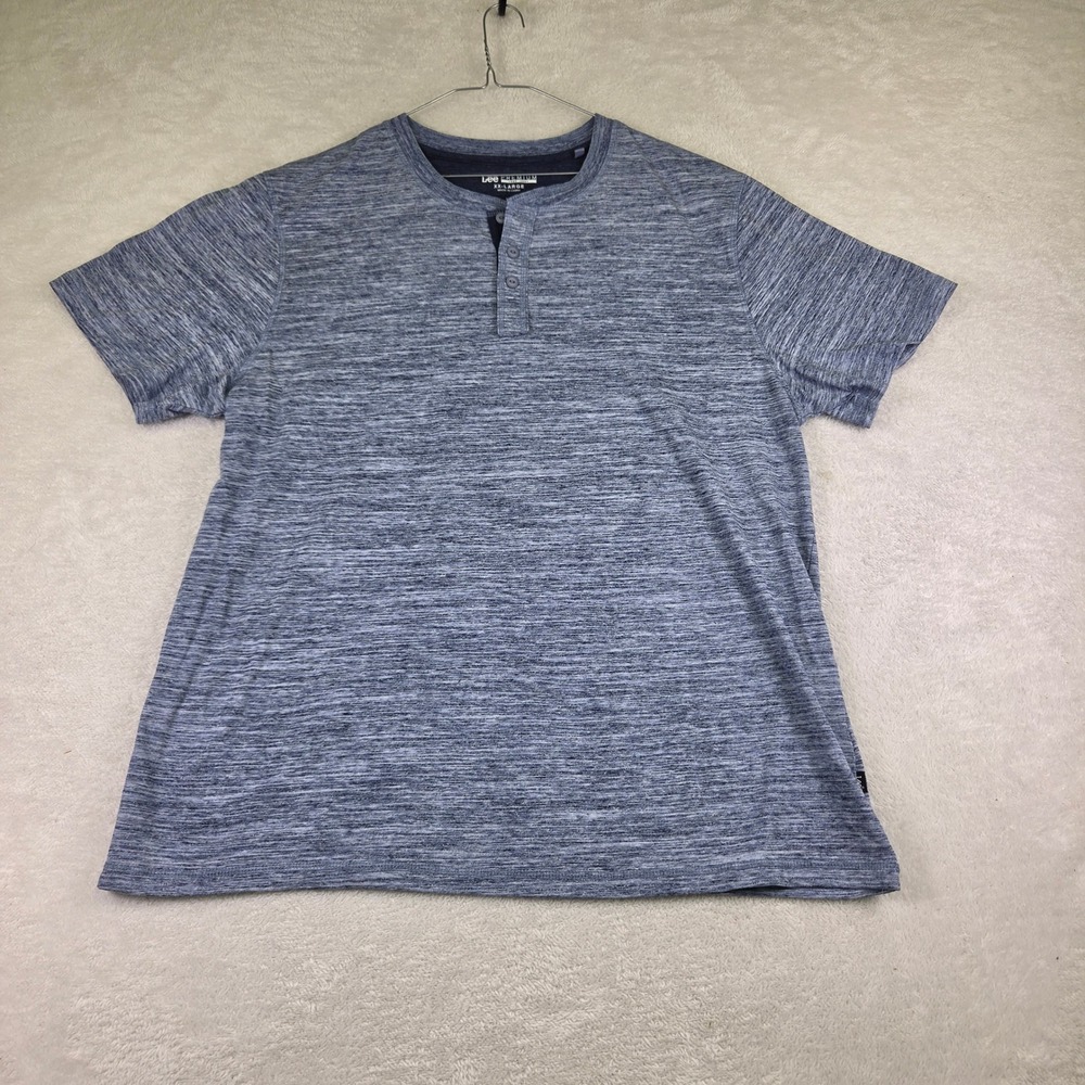 Lee Premium Mens XXL Blue Space Dye Short Sleeve Henley Shirt 3-Button Tee